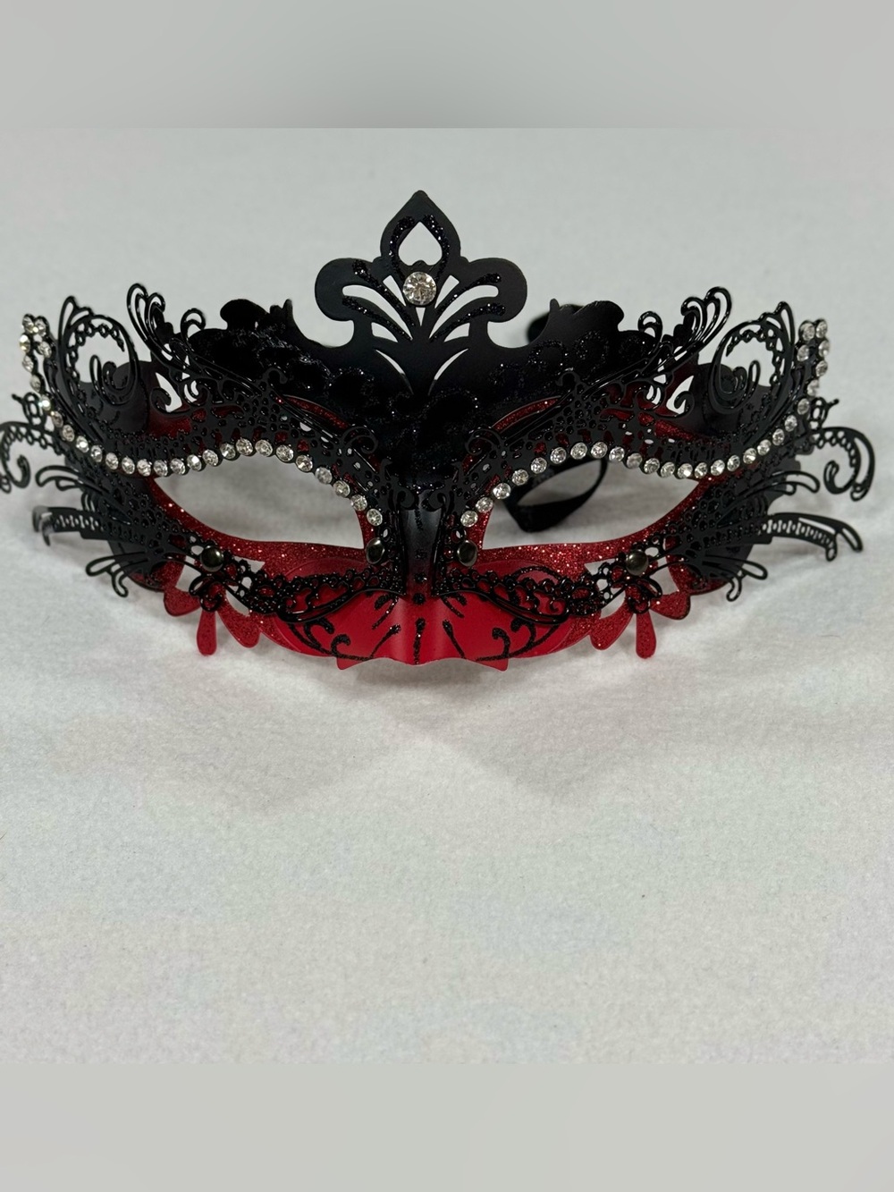 Venetian Masquerade Metal Eyemask Black Red Rhinestones Sexy Adjustable One Size
